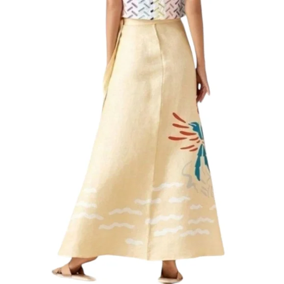 Onia Amanda Yellow Linen Palm Tropical Maxi Wrap Skirt - Size Large
